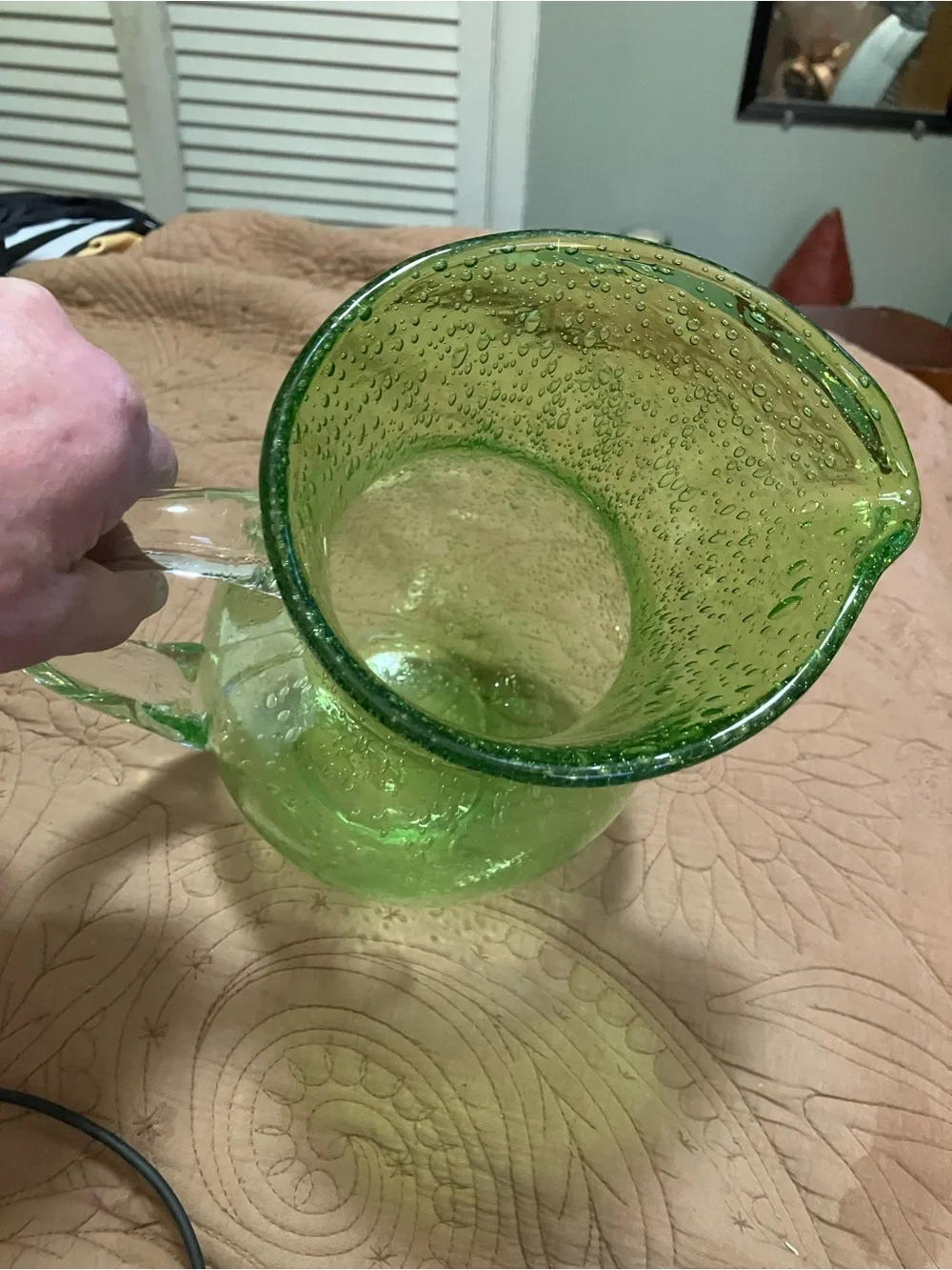 Crate and Barrel Hand Blown Green Glass Bubble Cocktail Water Pitcher